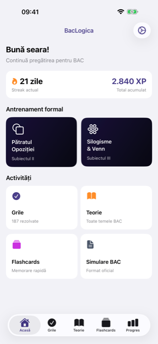Ecranul principal BacLogica — streak, XP și activități
