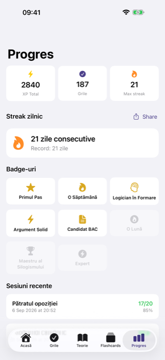 Progres — streak, XP și badge-uri